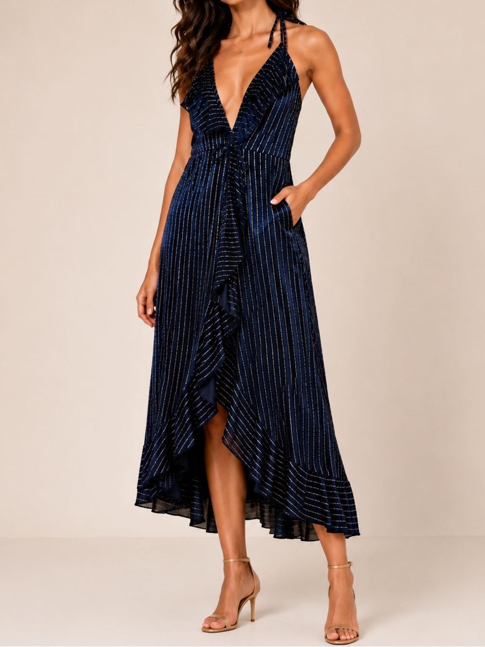 Flying Tomato Velvet Navy Gold Metallic Stripe Halter Midi Wrap Dress Shiny Chic